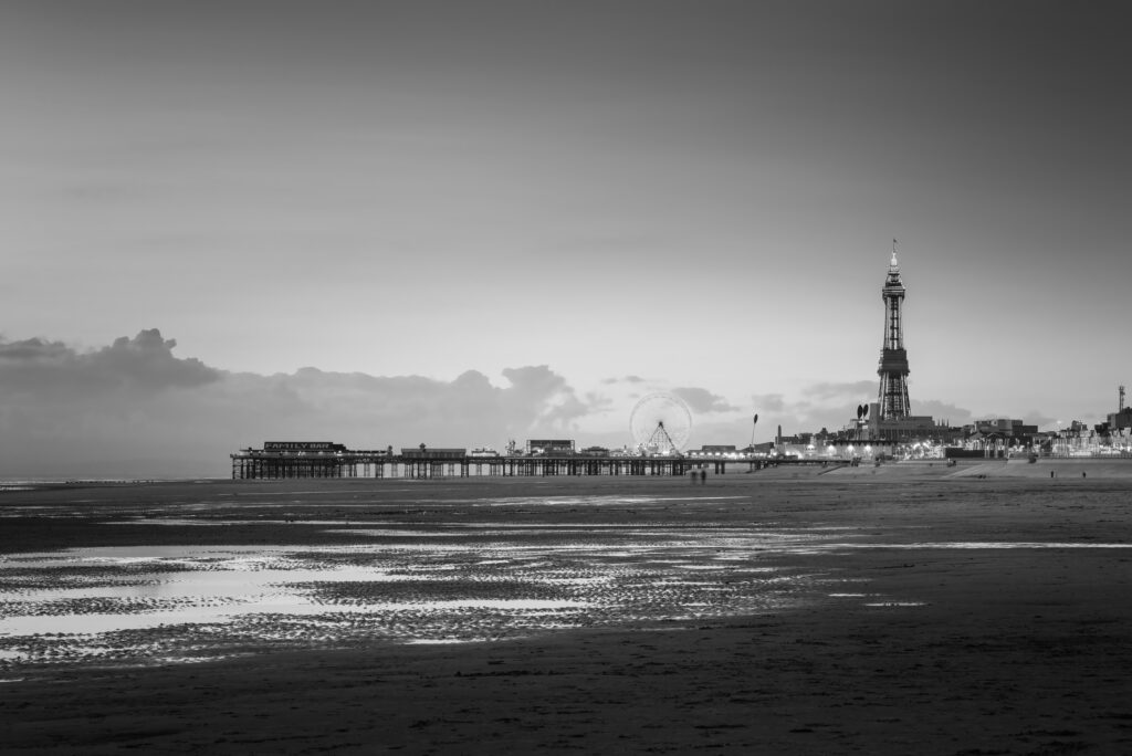 Black and white image of Blackpool coastline